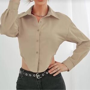 SHEIN Khaki Button-Down Crop Shirt